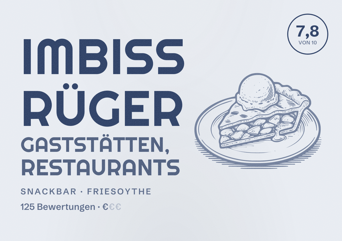 Illustriertes Poster von Imbiß Rüger Gaststätten, Restaurants, Snackbar in Friesoythe: Bewertung 7,8 von 10 aus 125 Bewertungen, Preisniveau €
