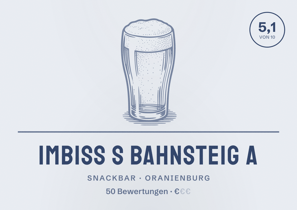 Illustriertes Poster von Imbiss S Bahnsteig A, Snackbar in Oranienburg: Bewertung 5,1 von 10 aus 50 Bewertungen, Preisniveau €