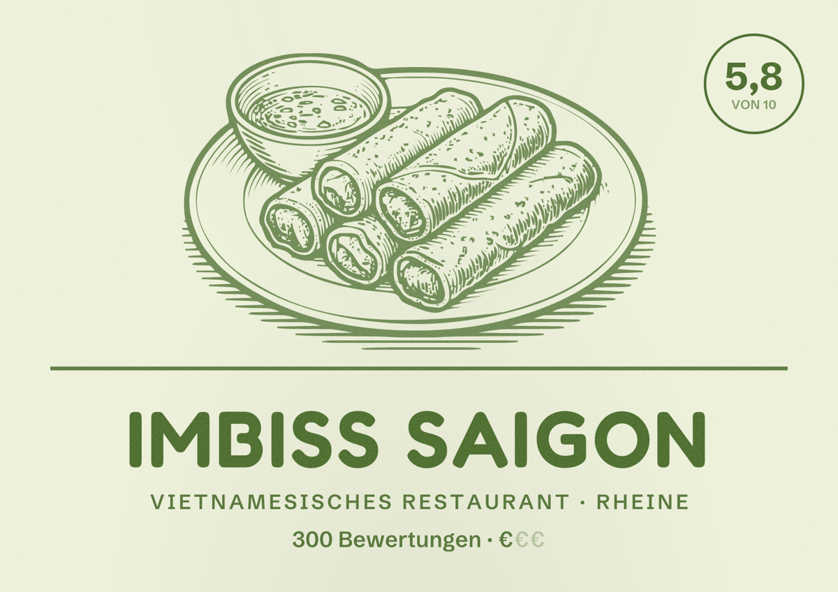 Illustriertes Poster von Imbiss Saigon, Vietnamesisches Restaurant in Rheine: Bewertung 5,8 von 10 aus 300 Bewertungen, Preisniveau €
