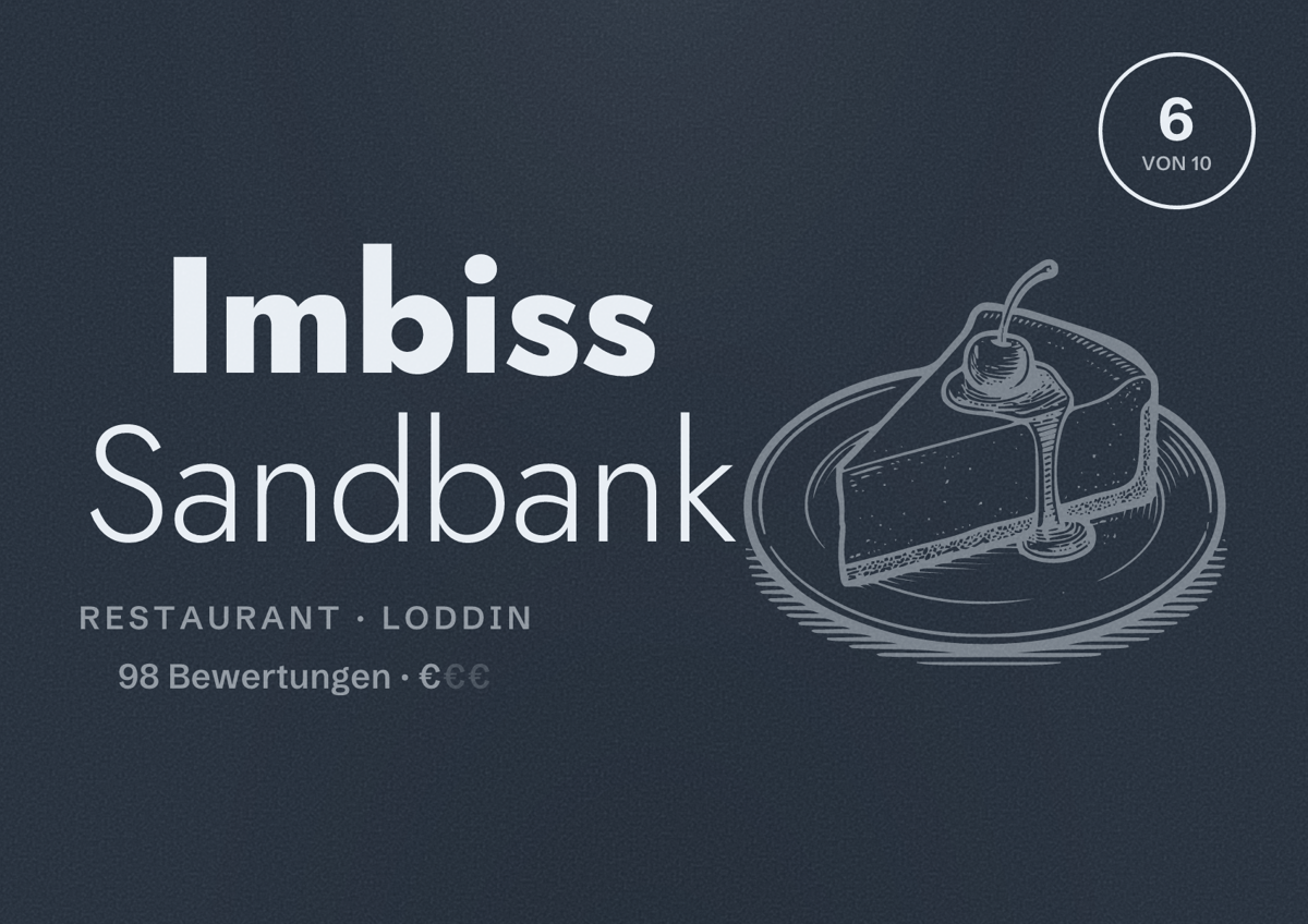 Illustriertes Poster von Imbiss Sandbank, Restaurant in Loddin: Bewertung 6 von 10 aus 98 Bewertungen, Preisniveau €
