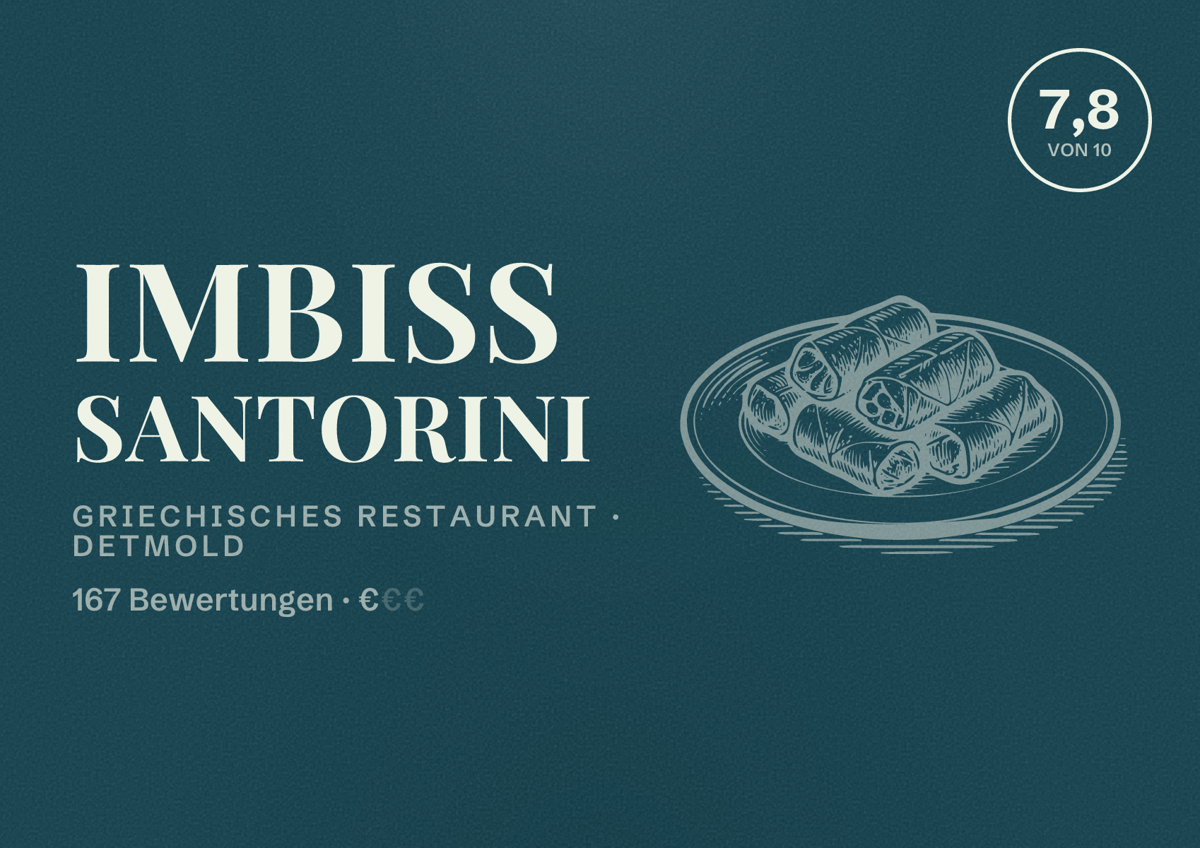 Illustriertes Poster von Imbiss Santorini, Griechisches Restaurant in Detmold: Bewertung 7,8 von 10 aus 167 Bewertungen, Preisniveau €
