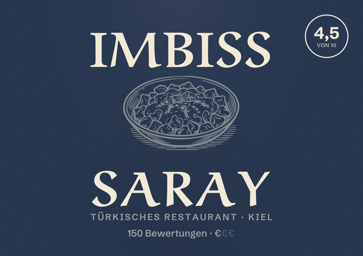 Illustriertes Poster von Imbiss Saray, Türkisches Restaurant in Kiel: Bewertung 4,5 von 10 aus 150 Bewertungen, Preisniveau €