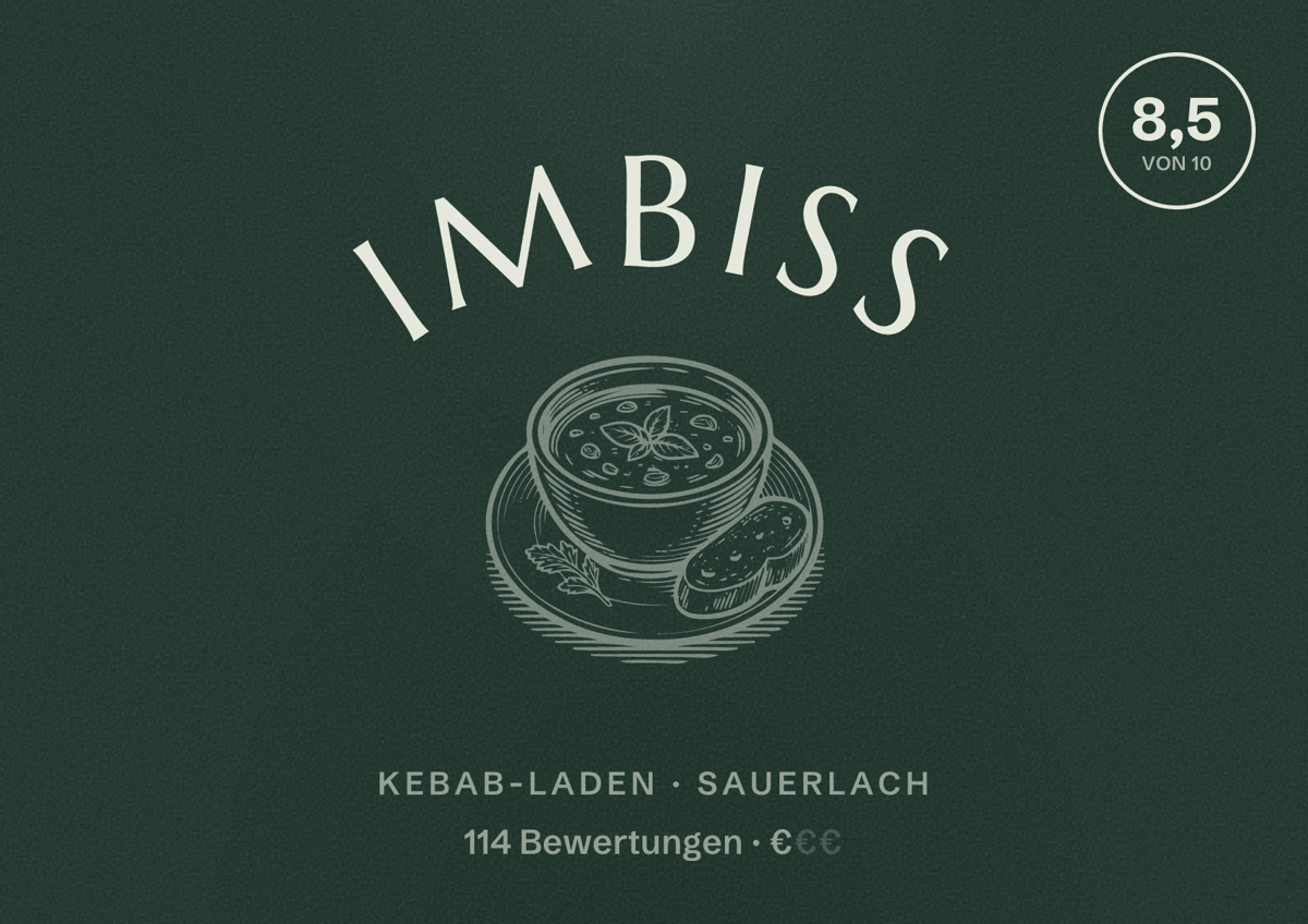 Illustriertes Poster von Imbiss, Kebab-Laden in Sauerlach: Bewertung 8,5 von 10 aus 114 Bewertungen, Preisniveau €