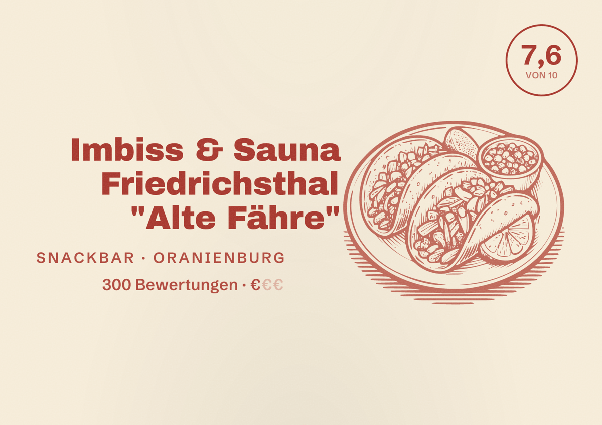 Illustriertes Poster von Imbiss & Sauna Friedrichsthal "Alte Fähre", Snackbar in Oranienburg: Bewertung 7,6 von 10 aus 300 Bewertungen, Preisniveau €