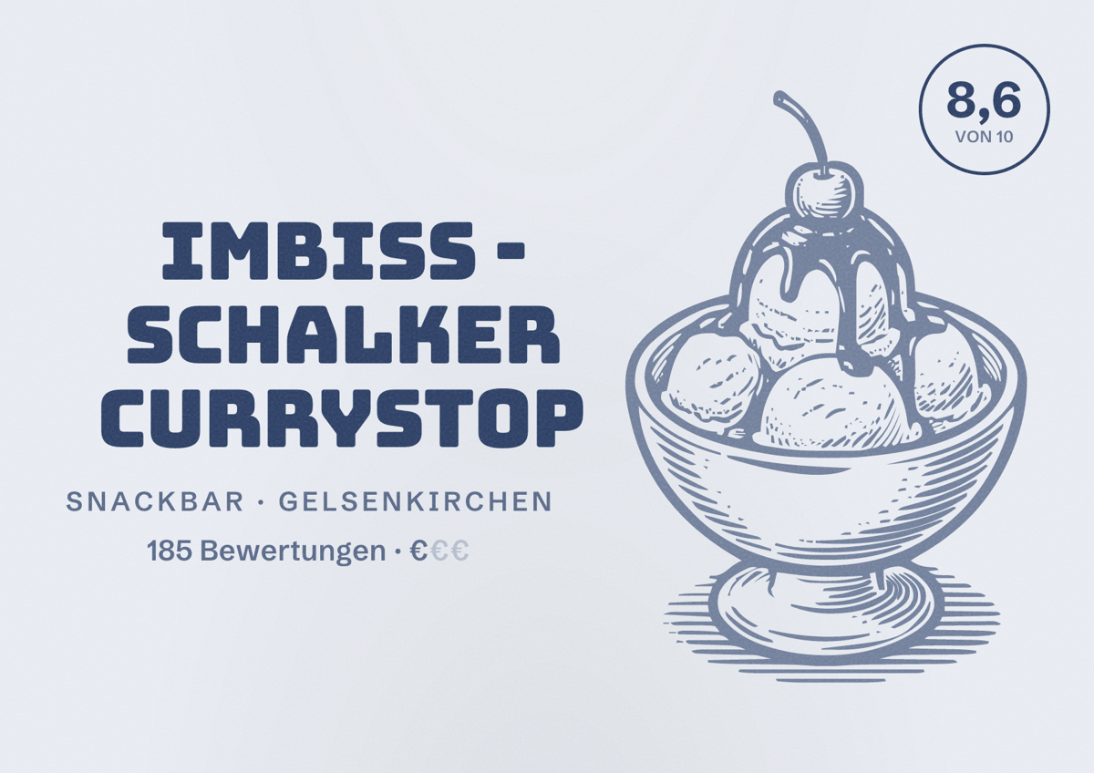 Illustriertes Poster von Imbiss - Schalker Currystop, Snackbar in Gelsenkirchen: Bewertung 8,6 von 10 aus 185 Bewertungen, Preisniveau €