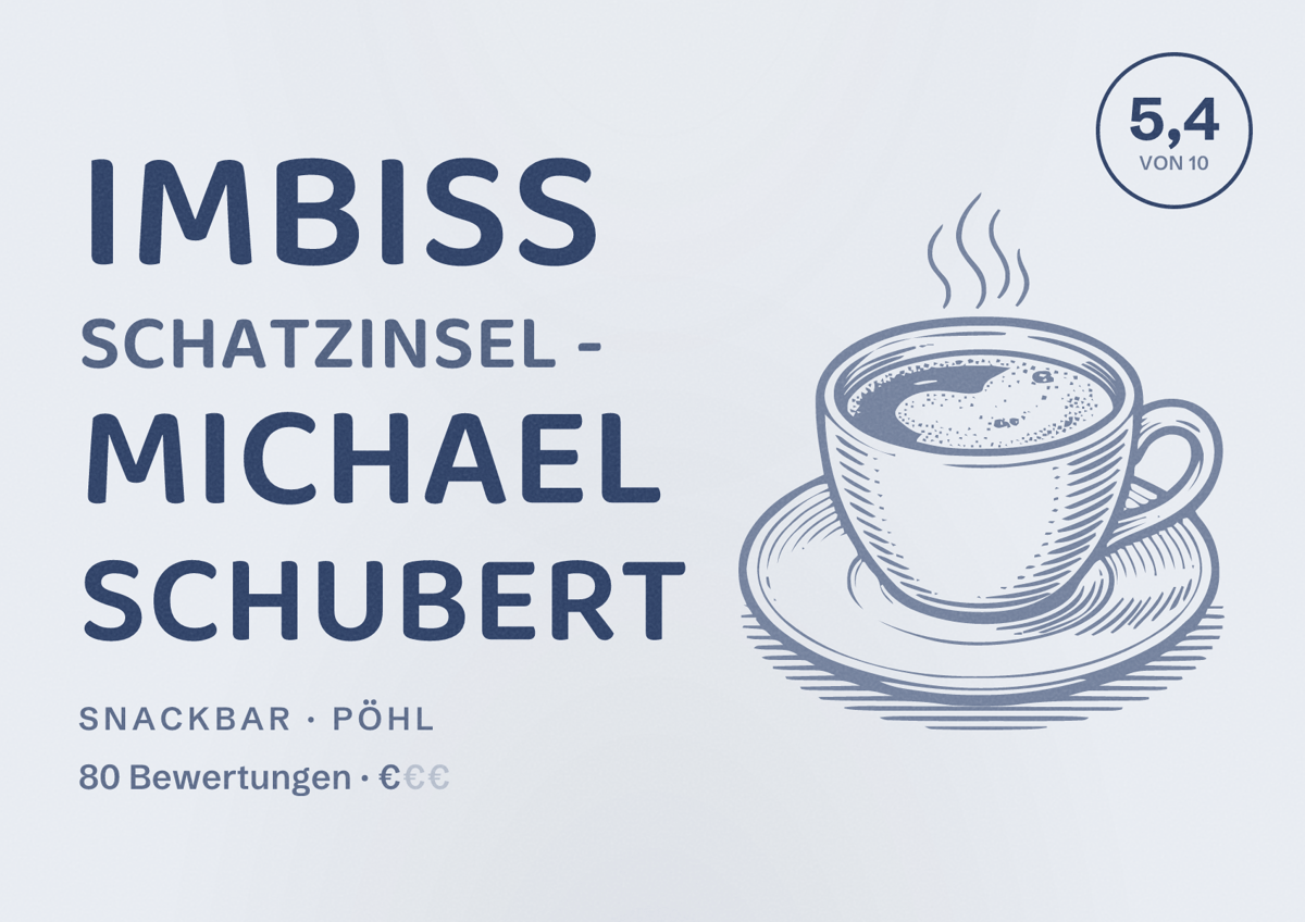 Illustriertes Poster von Imbiss Schatzinsel - Michael Schubert, Snackbar in Pöhl: Bewertung 5,4 von 10 aus 80 Bewertungen, Preisniveau €