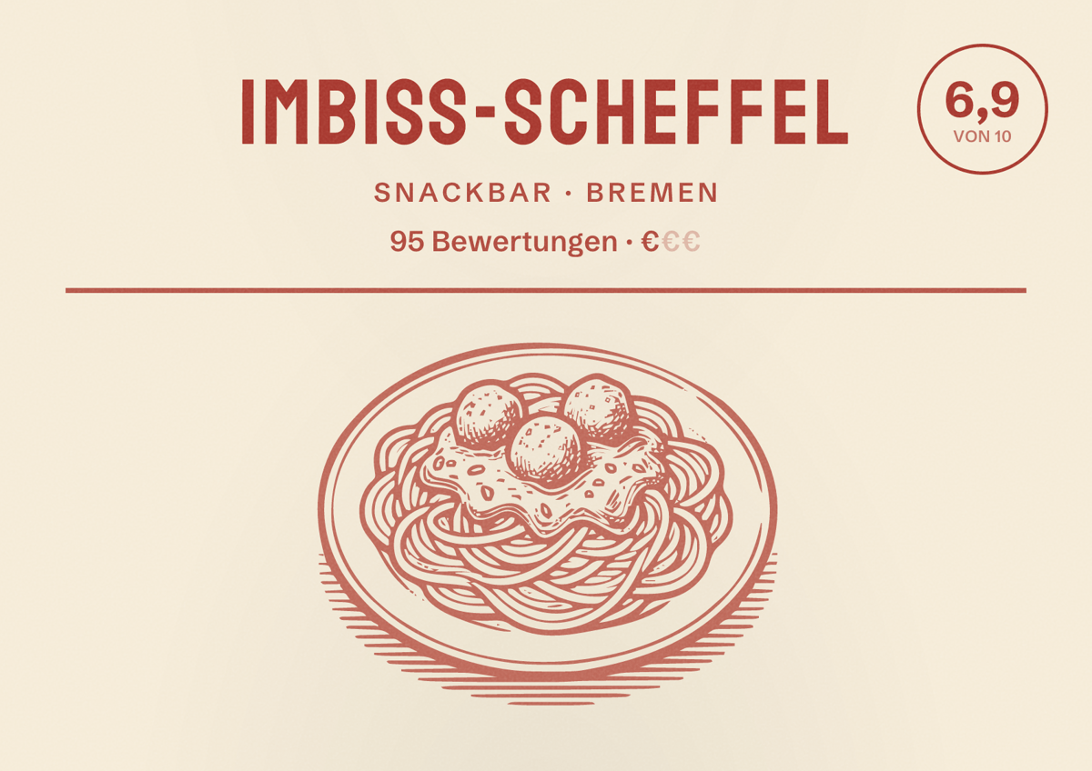 Illustriertes Poster von Imbiss-Scheffel, Snackbar in Bremen: Bewertung 6,9 von 10 aus 95 Bewertungen, Preisniveau €