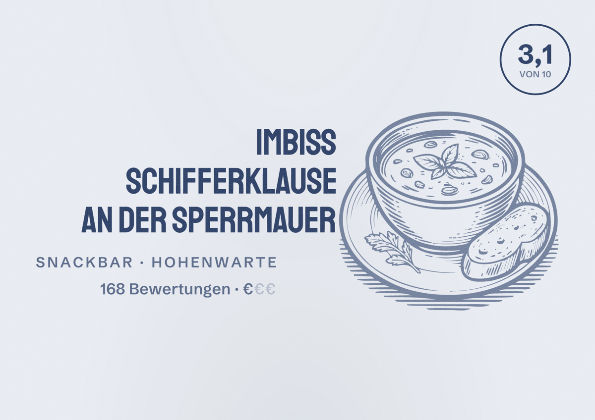 Illustriertes Poster von Imbiss Schifferklause an der Sperrmauer, Snackbar in Hohenwarte: Bewertung 3,1 von 10 aus 168 Bewertungen, Preisniveau €
