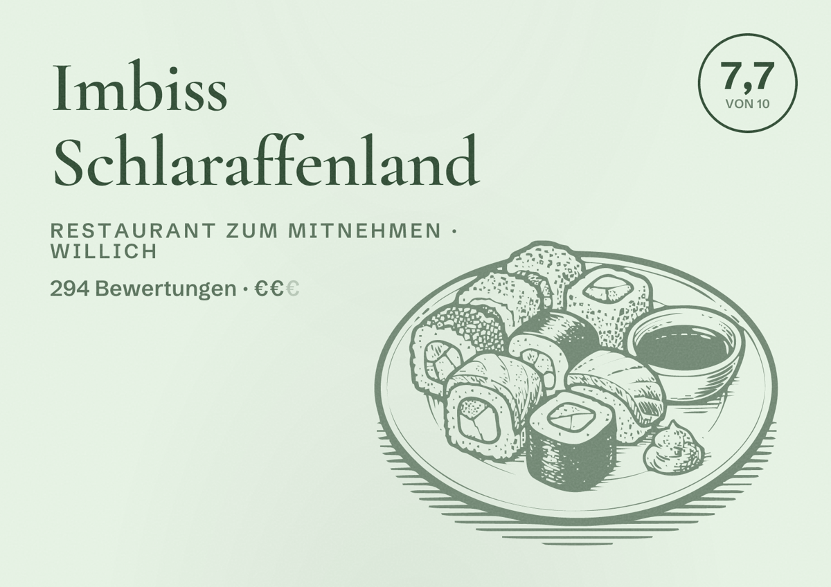 Illustriertes Poster von Imbiss Schlaraffenland, Restaurant zum Mitnehmen in Willich: Bewertung 7,7 von 10 aus 294 Bewertungen, Preisniveau €€