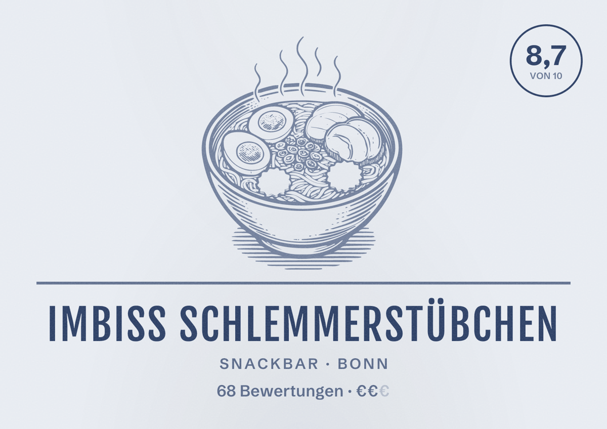 Illustriertes Poster von Imbiss Schlemmerstübchen, Snackbar in Bonn: Bewertung 8,7 von 10 aus 68 Bewertungen, Preisniveau €€