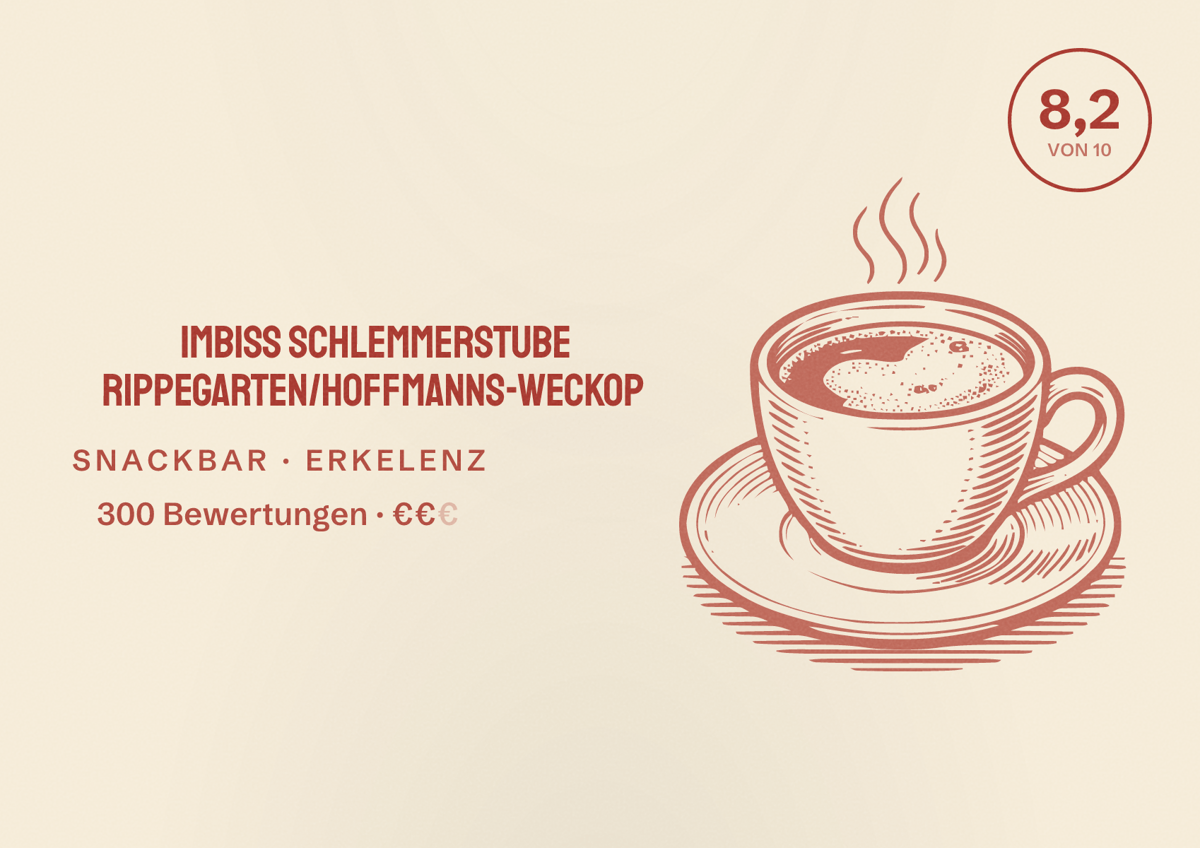Illustriertes Poster von Imbiss Schlemmerstube Rippegarten/Hoffmanns-Weckop, Snackbar in Erkelenz: Bewertung 8,2 von 10 aus 300 Bewertungen, Preisniveau €€
