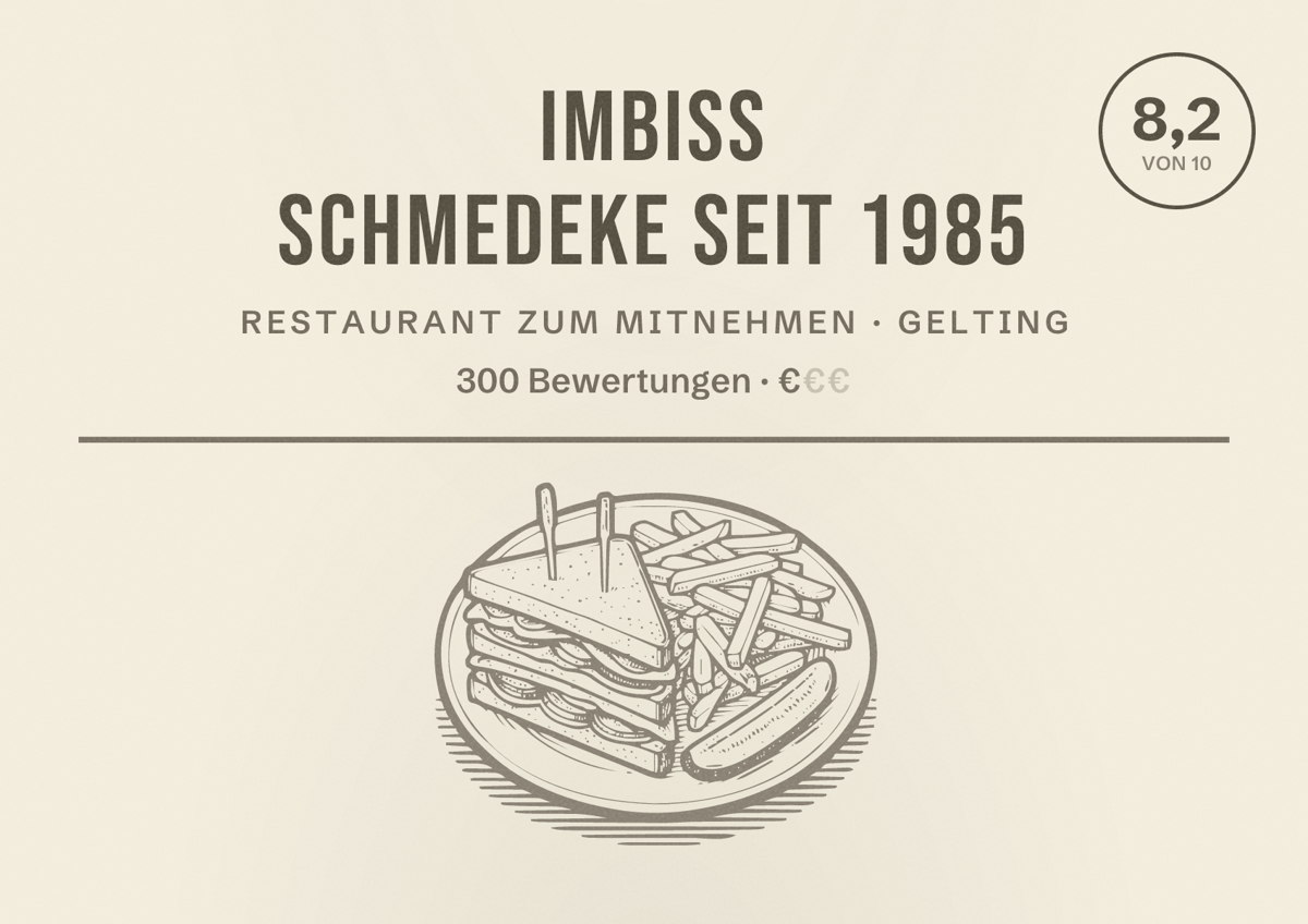 Illustriertes Poster von Imbiss Schmedeke seit 1985, Restaurant zum Mitnehmen in Gelting: Bewertung 8,2 von 10 aus 300 Bewertungen, Preisniveau €