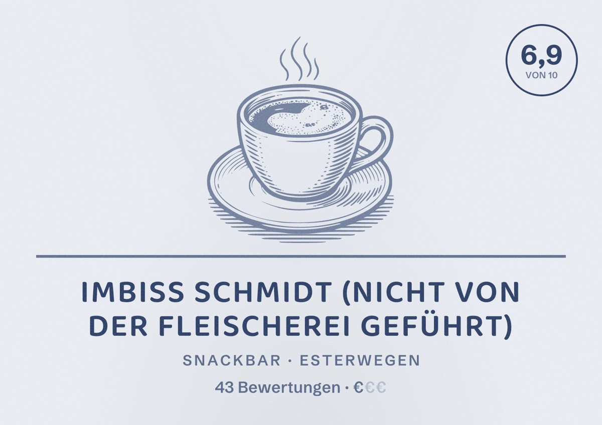 Illustriertes Poster von Imbiss Schmidt (nicht von der Fleischerei geführt), Snackbar in Esterwegen: Bewertung 6,9 von 10 aus 43 Bewertungen, Preisniveau €