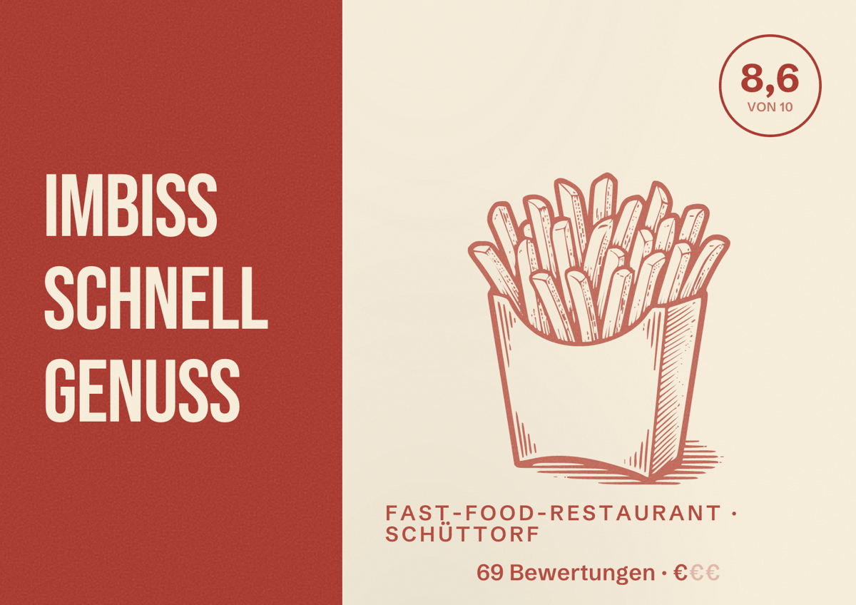 Illustriertes Poster von Imbiss Schnell Genuss, Fast-Food-Restaurant in Schüttorf: Bewertung 8,6 von 10 aus 69 Bewertungen, Preisniveau €