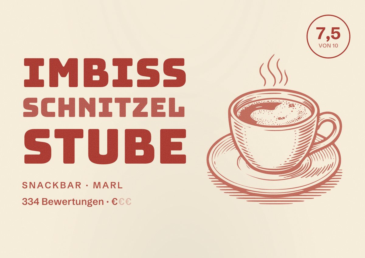 Illustriertes Poster von Imbiss Schnitzel Stube, Snackbar in Marl: Bewertung 7,5 von 10 aus 334 Bewertungen, Preisniveau €