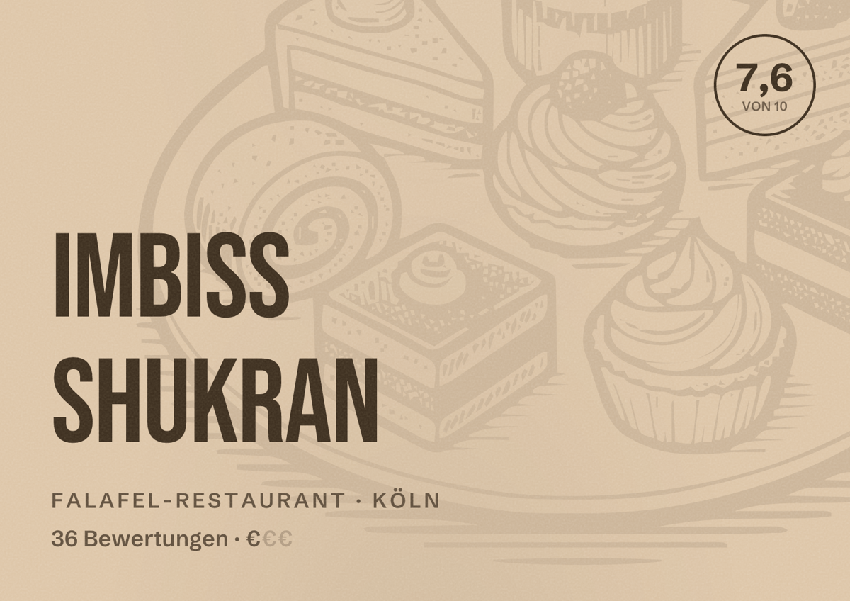 Illustriertes Poster von Imbiss Shukran, Falafel-Restaurant in Köln: Bewertung 7,6 von 10 aus 36 Bewertungen, Preisniveau €