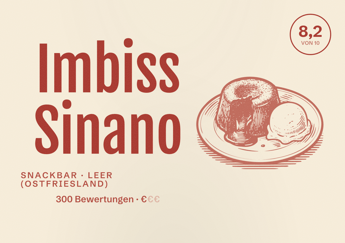 Illustriertes Poster von Imbiss Sinano, Snackbar in Leer (Ostfriesland): Bewertung 8,2 von 10 aus 300 Bewertungen, Preisniveau €