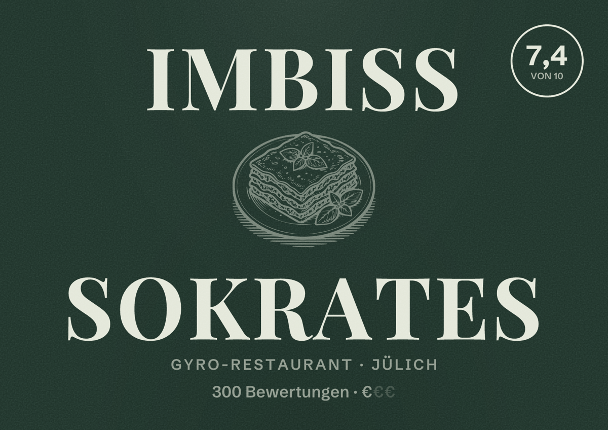 Illustriertes Poster von Imbiss Sokrates, Gyro-Restaurant in Jülich: Bewertung 7,4 von 10 aus 300 Bewertungen, Preisniveau €