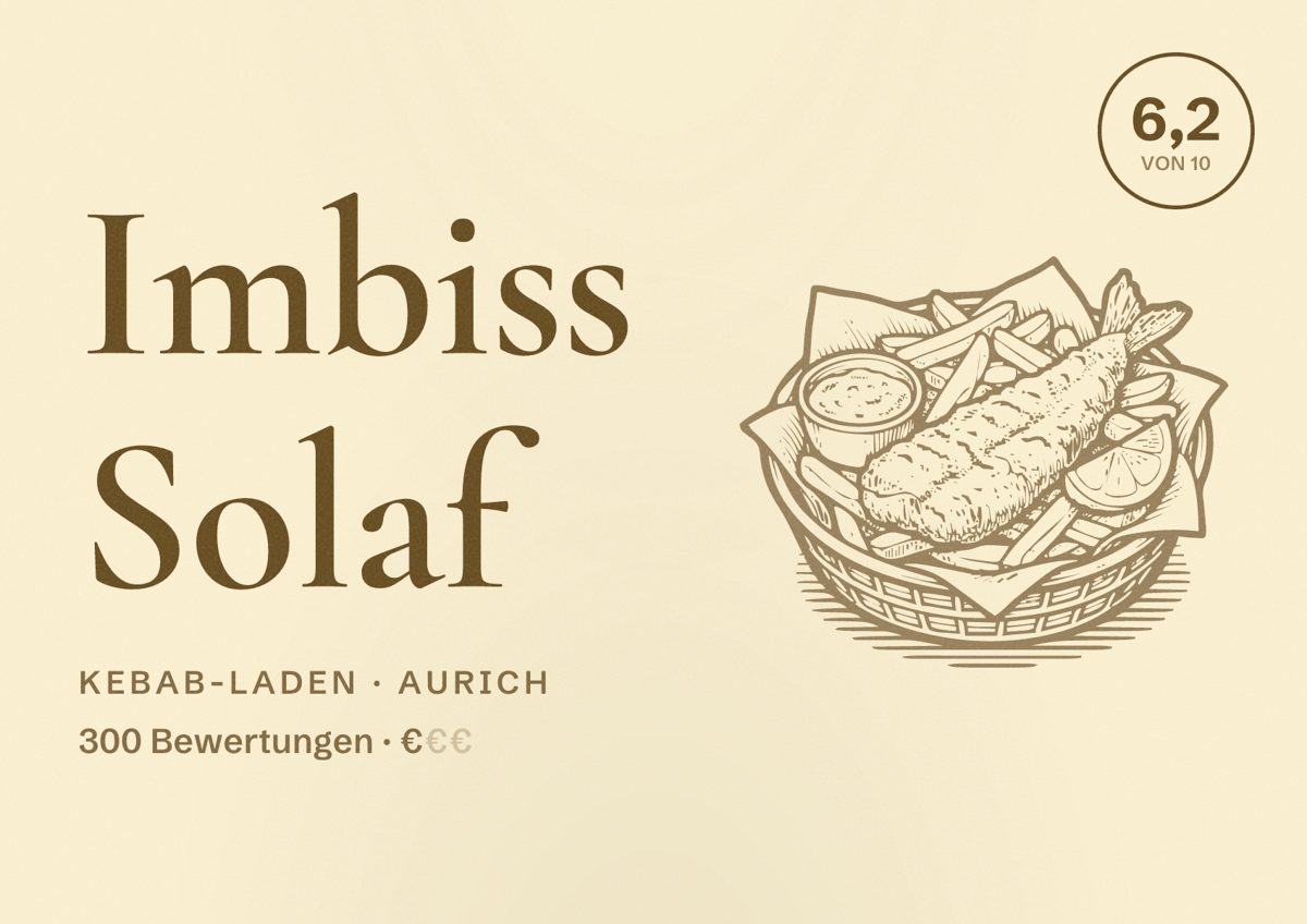 Illustriertes Poster von Imbiss Solaf, Kebab-Laden in Aurich: Bewertung 6,2 von 10 aus 300 Bewertungen, Preisniveau €