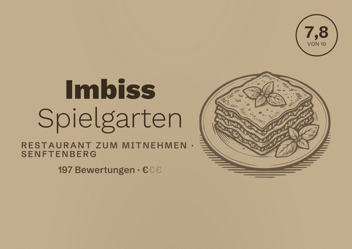 Illustriertes Poster von Imbiss Spielgarten, Restaurant zum Mitnehmen in Senftenberg: Bewertung 7,8 von 10 aus 197 Bewertungen, Preisniveau €