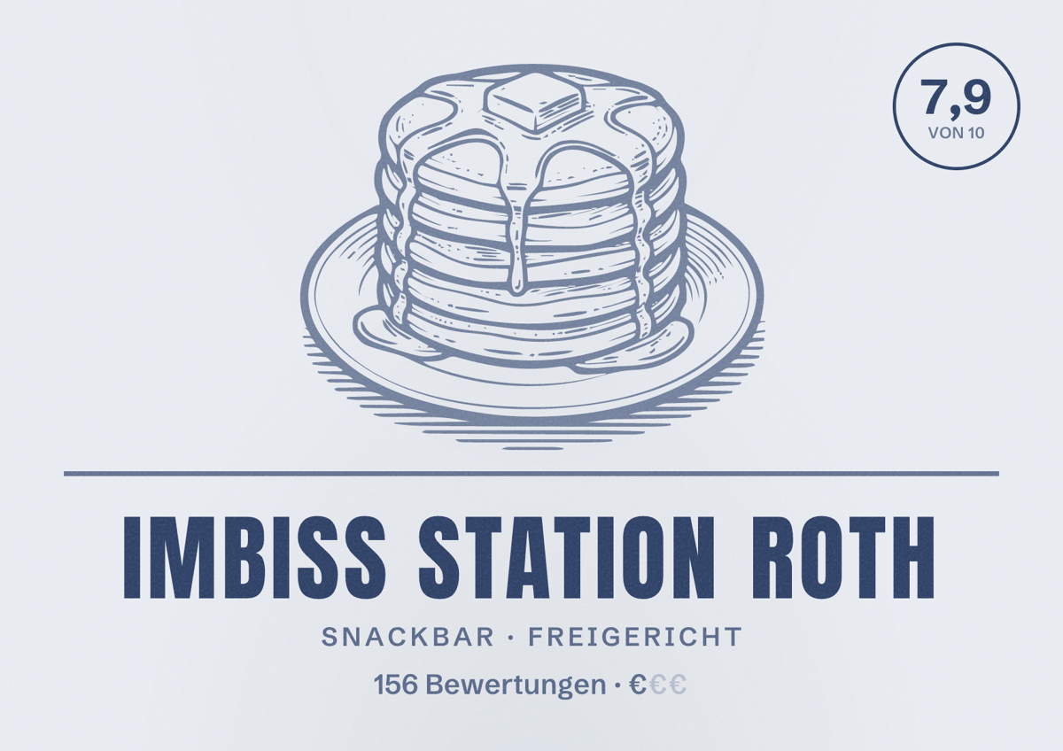 Illustriertes Poster von Imbiss Station Roth, Snackbar in Freigericht: Bewertung 7,9 von 10 aus 156 Bewertungen, Preisniveau €