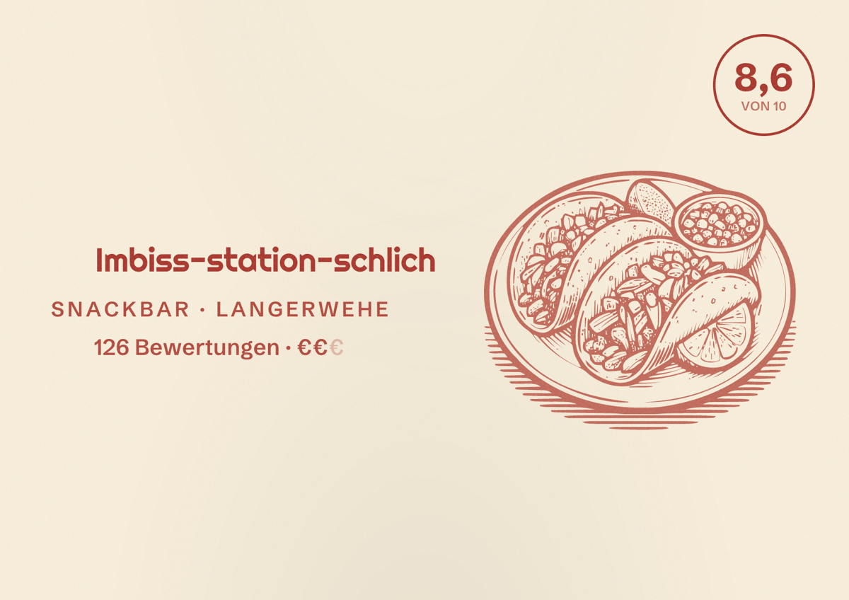 Illustriertes Poster von Imbiss-station-schlich, Snackbar in Langerwehe: Bewertung 8,6 von 10 aus 126 Bewertungen, Preisniveau €€