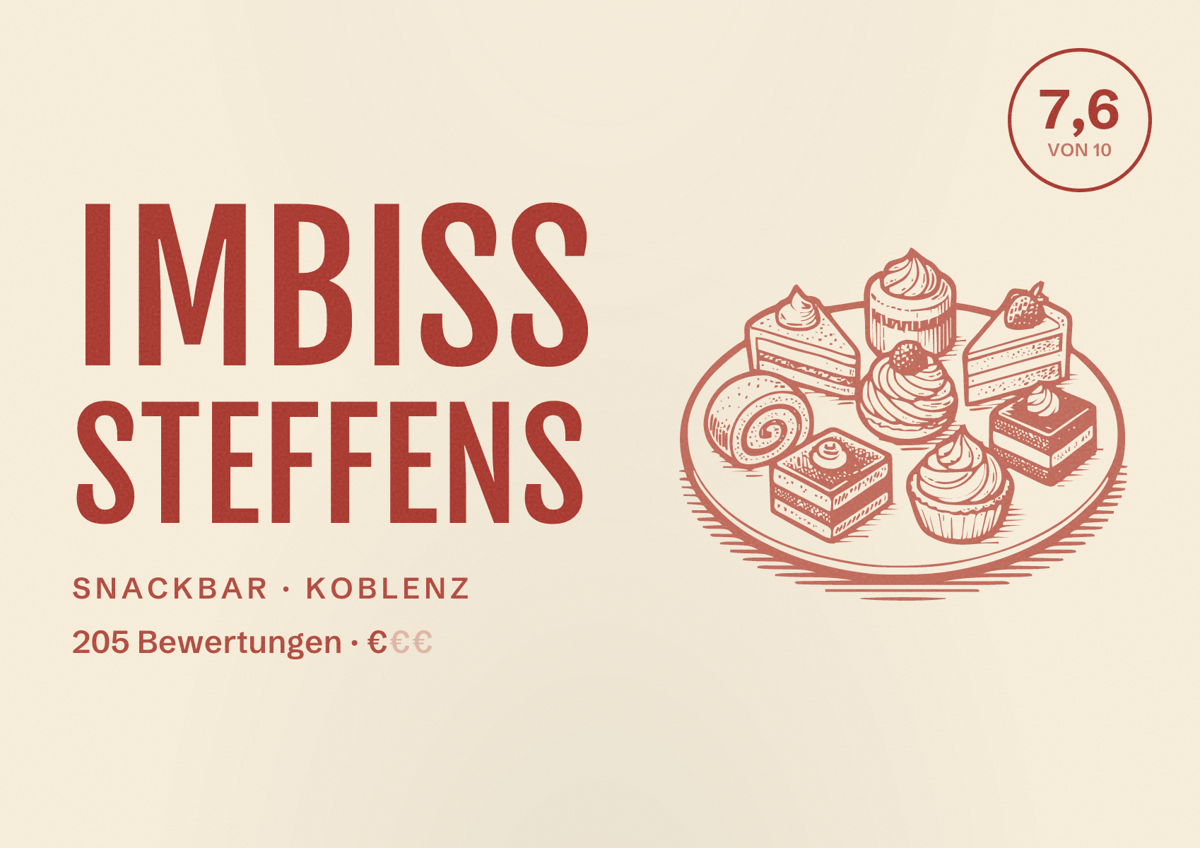 Illustriertes Poster von Imbiss Steffens, Snackbar in Koblenz: Bewertung 7,6 von 10 aus 205 Bewertungen, Preisniveau €