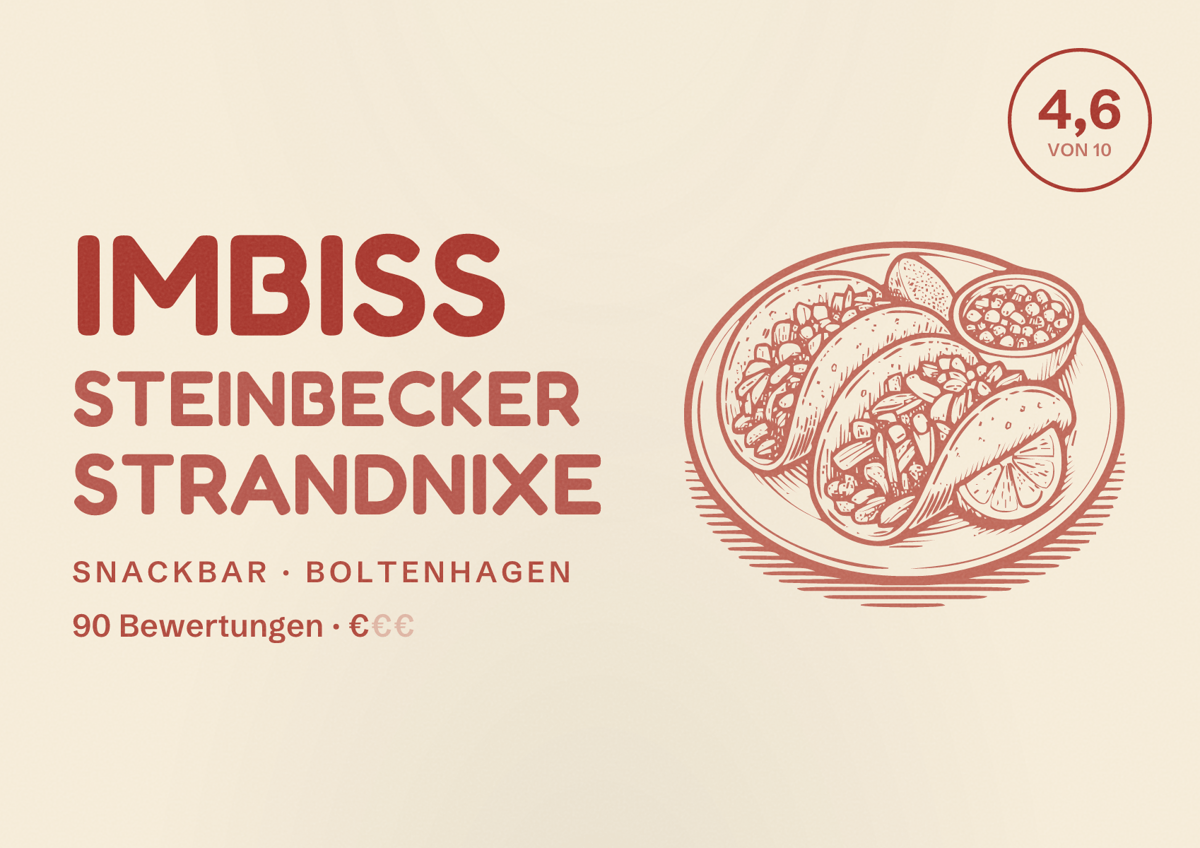 Illustriertes Poster von Imbiss Steinbecker Strandnixe, Snackbar in Boltenhagen: Bewertung 4,6 von 10 aus 90 Bewertungen, Preisniveau €
