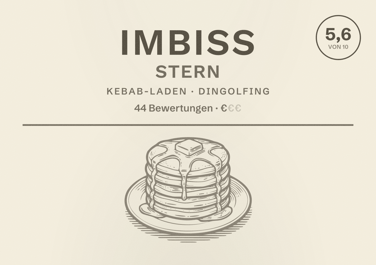 Illustriertes Poster von Imbiss Stern, Kebab-Laden in Dingolfing: Bewertung 5,6 von 10 aus 44 Bewertungen, Preisniveau €