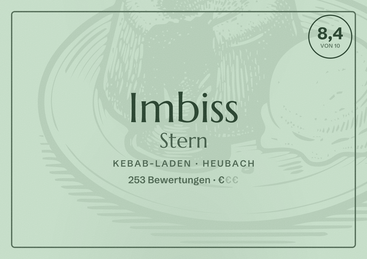 Illustriertes Poster von Imbiss Stern, Kebab-Laden in Heubach: Bewertung 8,4 von 10 aus 253 Bewertungen, Preisniveau €