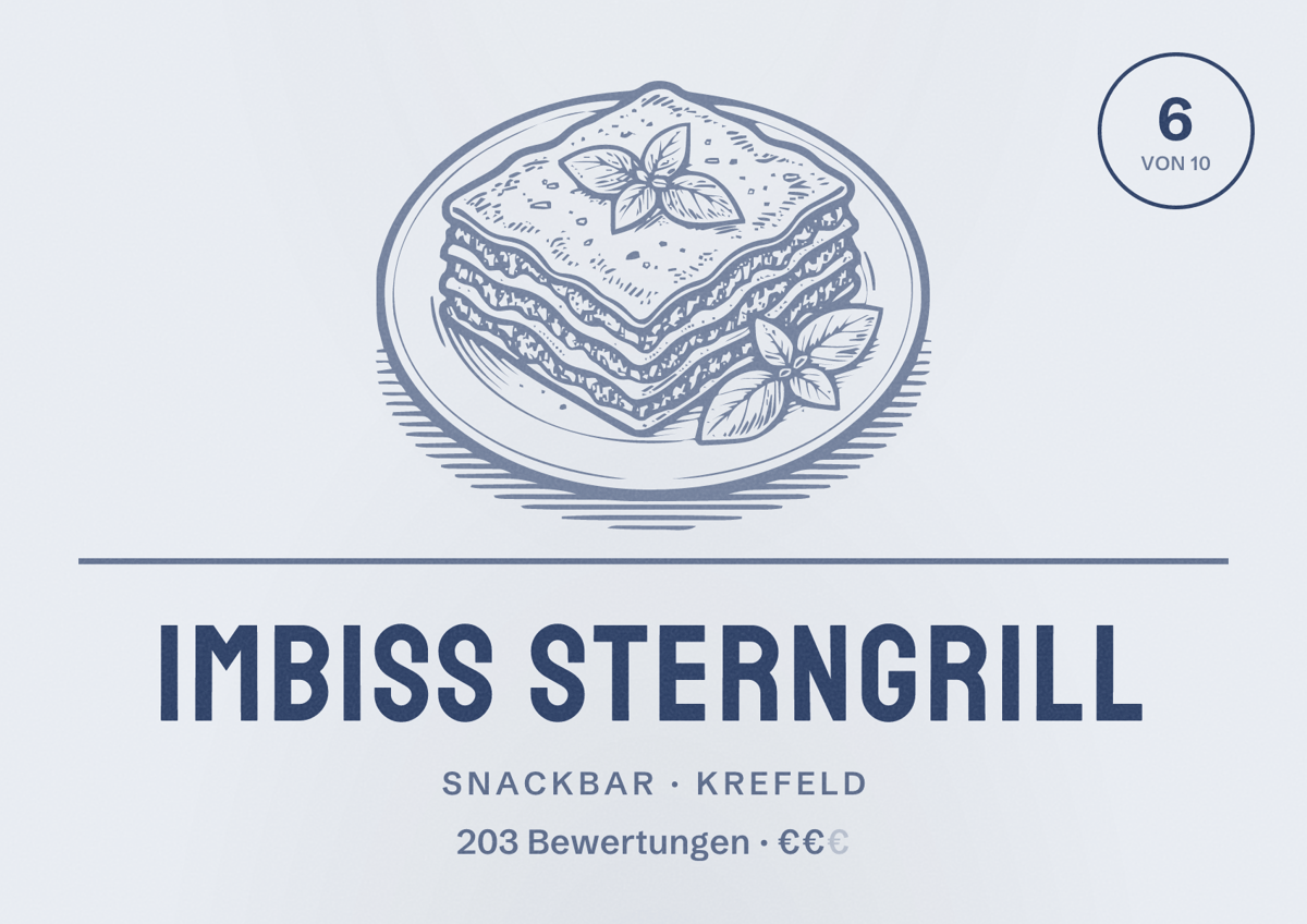Illustriertes Poster von Imbiss Sterngrill, Snackbar in Krefeld: Bewertung 6 von 10 aus 203 Bewertungen, Preisniveau €€