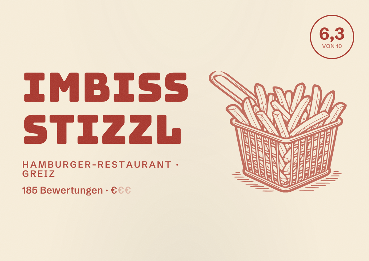 Illustriertes Poster von Imbiss Stizzl, Hamburger-Restaurant in Greiz: Bewertung 6,3 von 10 aus 185 Bewertungen, Preisniveau €