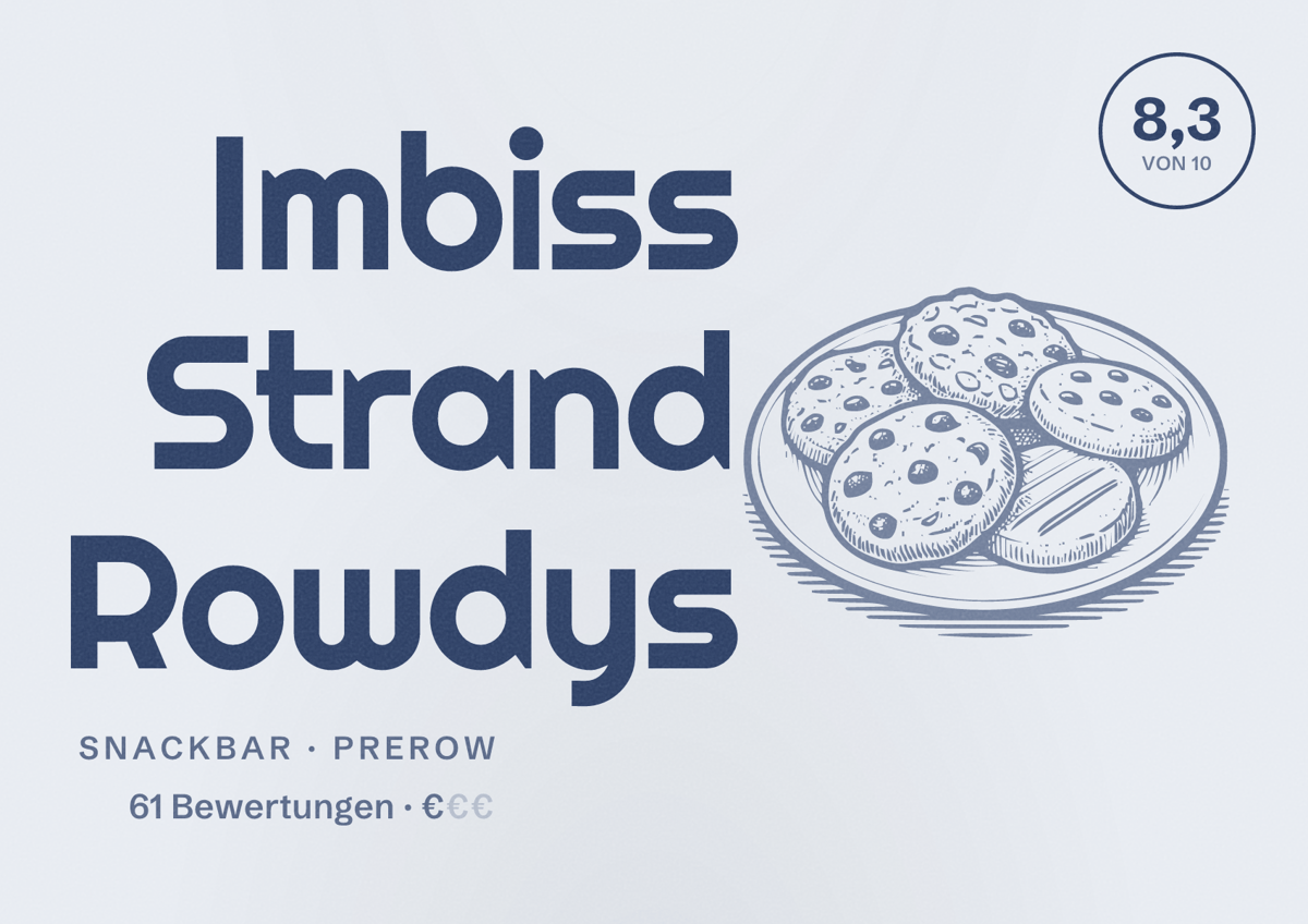 Illustriertes Poster von Imbiss Strand Rowdys, Snackbar in Prerow: Bewertung 8,3 von 10 aus 61 Bewertungen, Preisniveau €