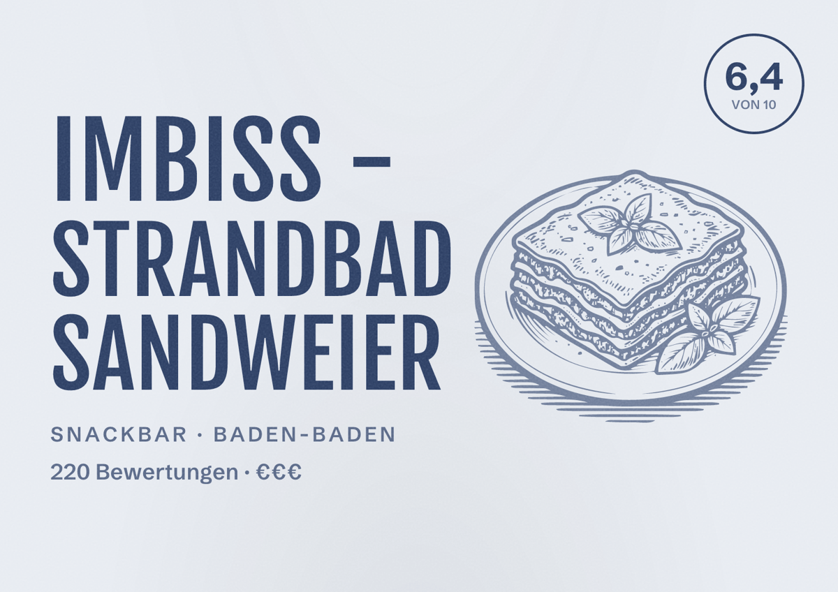 Illustriertes Poster von Imbiss - Strandbad Sandweier, Snackbar in Baden-Baden: Bewertung 6,4 von 10 aus 220 Bewertungen, Preisniveau €€€