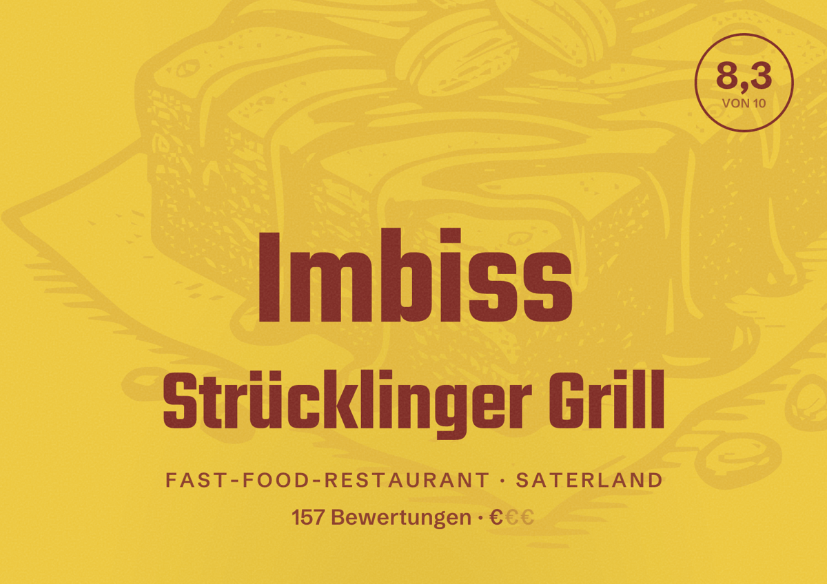 Illustriertes Poster von Imbiss Strücklinger Grill, Fast-Food-Restaurant in Saterland: Bewertung 8,3 von 10 aus 157 Bewertungen, Preisniveau €
