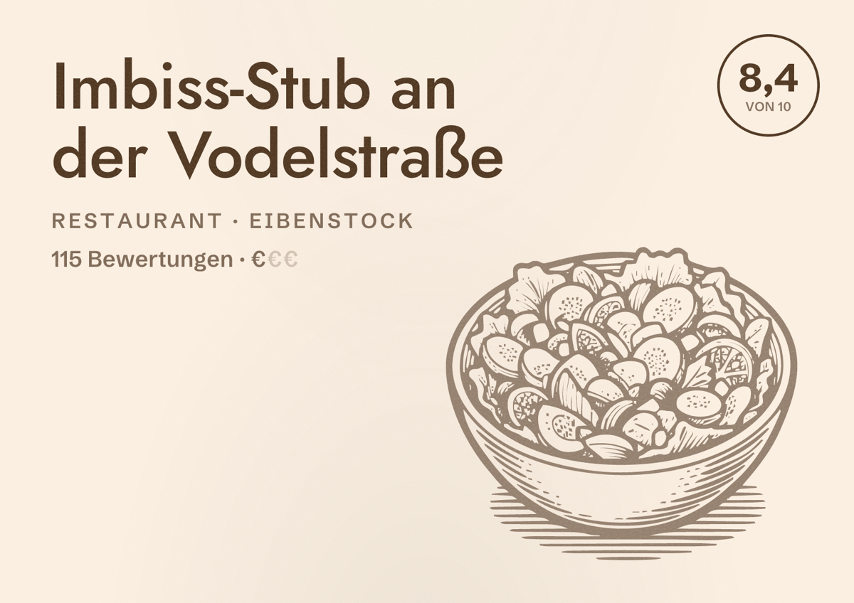 Illustriertes Poster von Imbiss-Stub an der Vodelstraße, Restaurant in Eibenstock: Bewertung 8,4 von 10 aus 115 Bewertungen, Preisniveau €