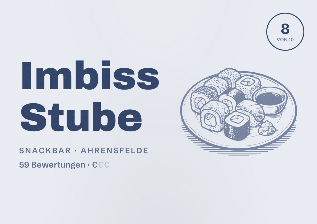 Illustriertes Poster von Imbiss Stube, Snackbar in Ahrensfelde: Bewertung 8 von 10 aus 59 Bewertungen, Preisniveau €