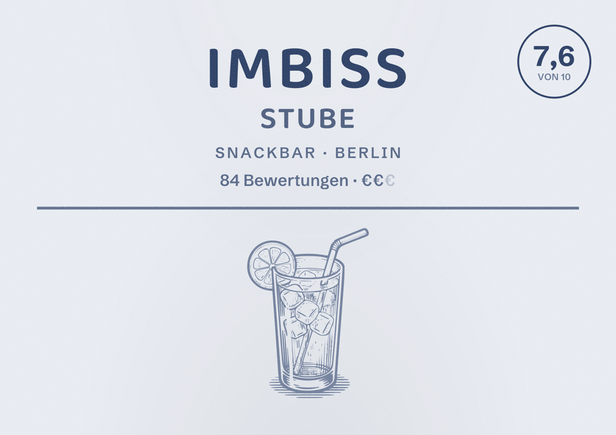 Illustriertes Poster von Imbiss Stube, Snackbar in Berlin: Bewertung 7,6 von 10 aus 84 Bewertungen, Preisniveau €€