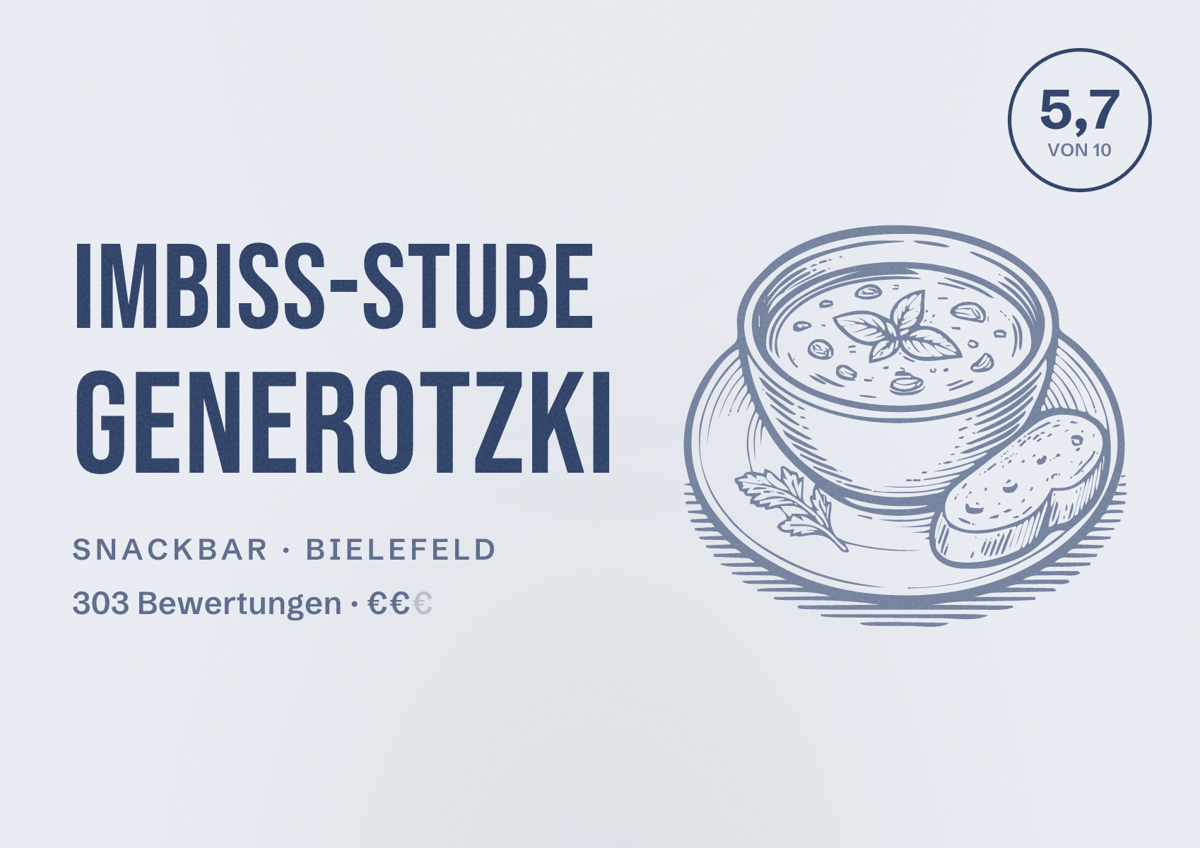 Illustriertes Poster von Imbiss-Stube Generotzki, Snackbar in Bielefeld: Bewertung 5,7 von 10 aus 303 Bewertungen, Preisniveau €€