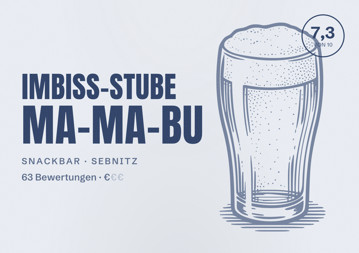Illustriertes Poster von Imbiss-Stube MA-MA-BU, Snackbar in Sebnitz: Bewertung 7,3 von 10 aus 63 Bewertungen, Preisniveau €