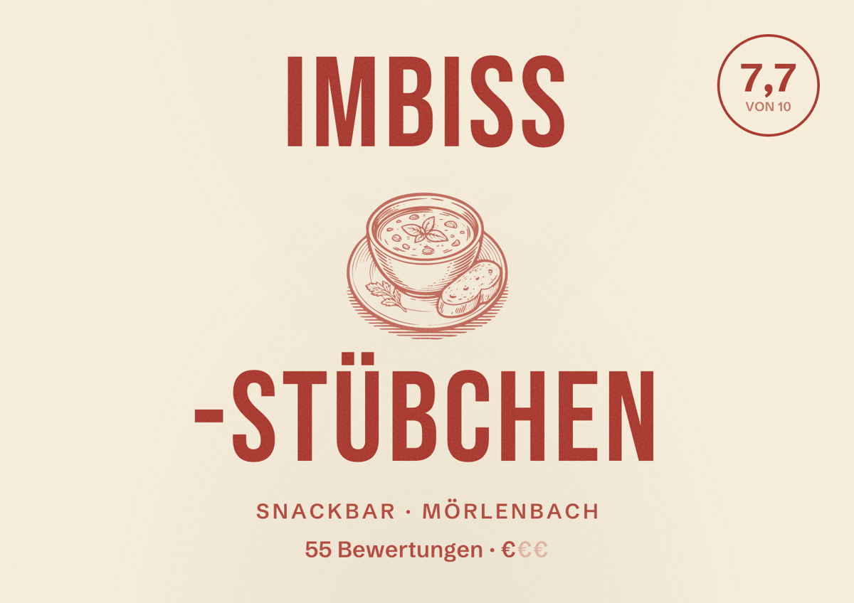Illustriertes Poster von IMBISS -Stübchen, Snackbar in Mörlenbach: Bewertung 7,7 von 10 aus 55 Bewertungen, Preisniveau €