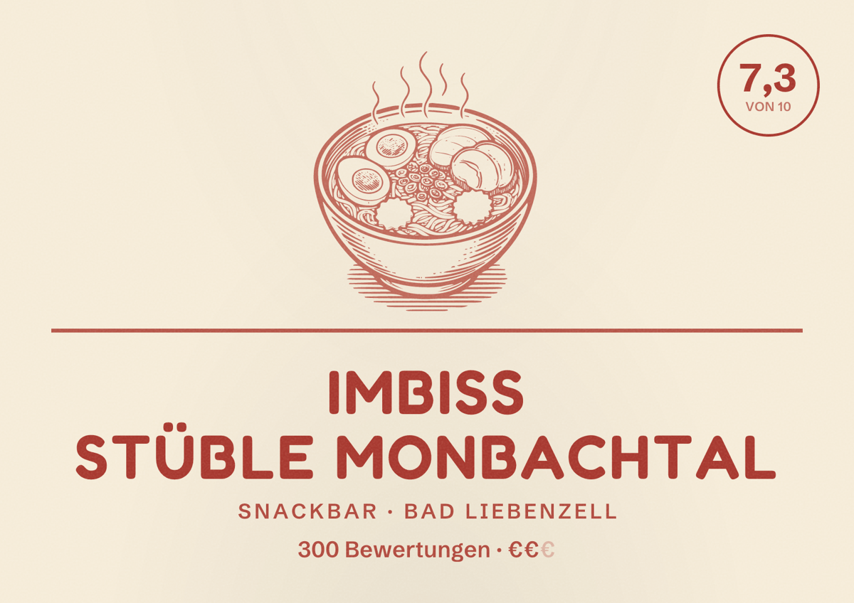 Illustriertes Poster von Imbiss Stüble Monbachtal, Snackbar in Bad Liebenzell: Bewertung 7,3 von 10 aus 300 Bewertungen, Preisniveau €€