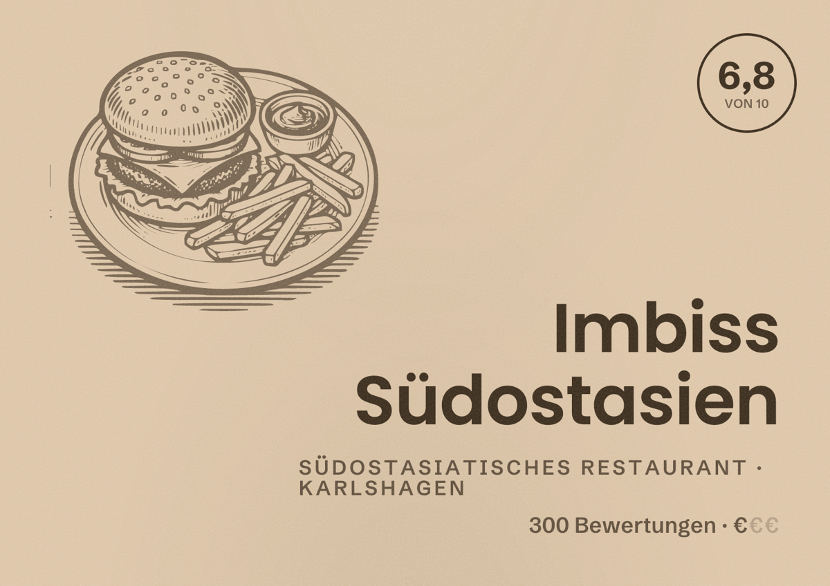Illustriertes Poster von Imbiss Südostasien, Südostasiatisches Restaurant in Karlshagen: Bewertung 6,8 von 10 aus 300 Bewertungen, Preisniveau €