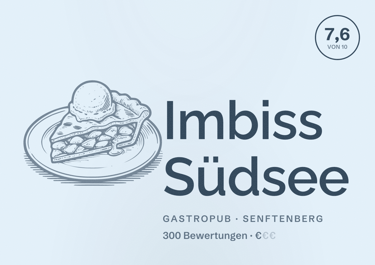 Illustriertes Poster von Imbiss Südsee, Gastropub in Senftenberg: Bewertung 7,6 von 10 aus 300 Bewertungen, Preisniveau €