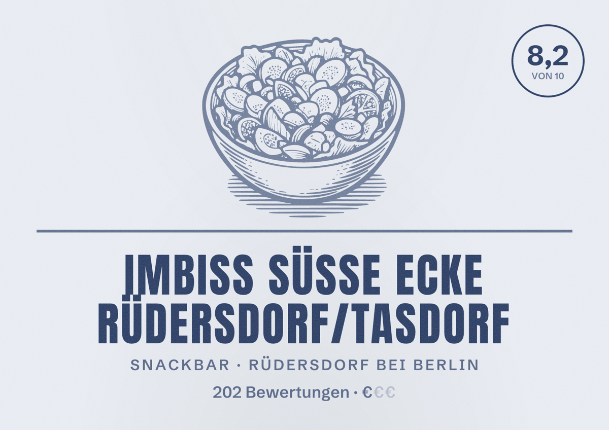 Illustriertes Poster von Imbiss Süße Ecke Rüdersdorf/Tasdorf, Snackbar in Rüdersdorf bei Berlin: Bewertung 8,2 von 10 aus 202 Bewertungen, Preisniveau €
