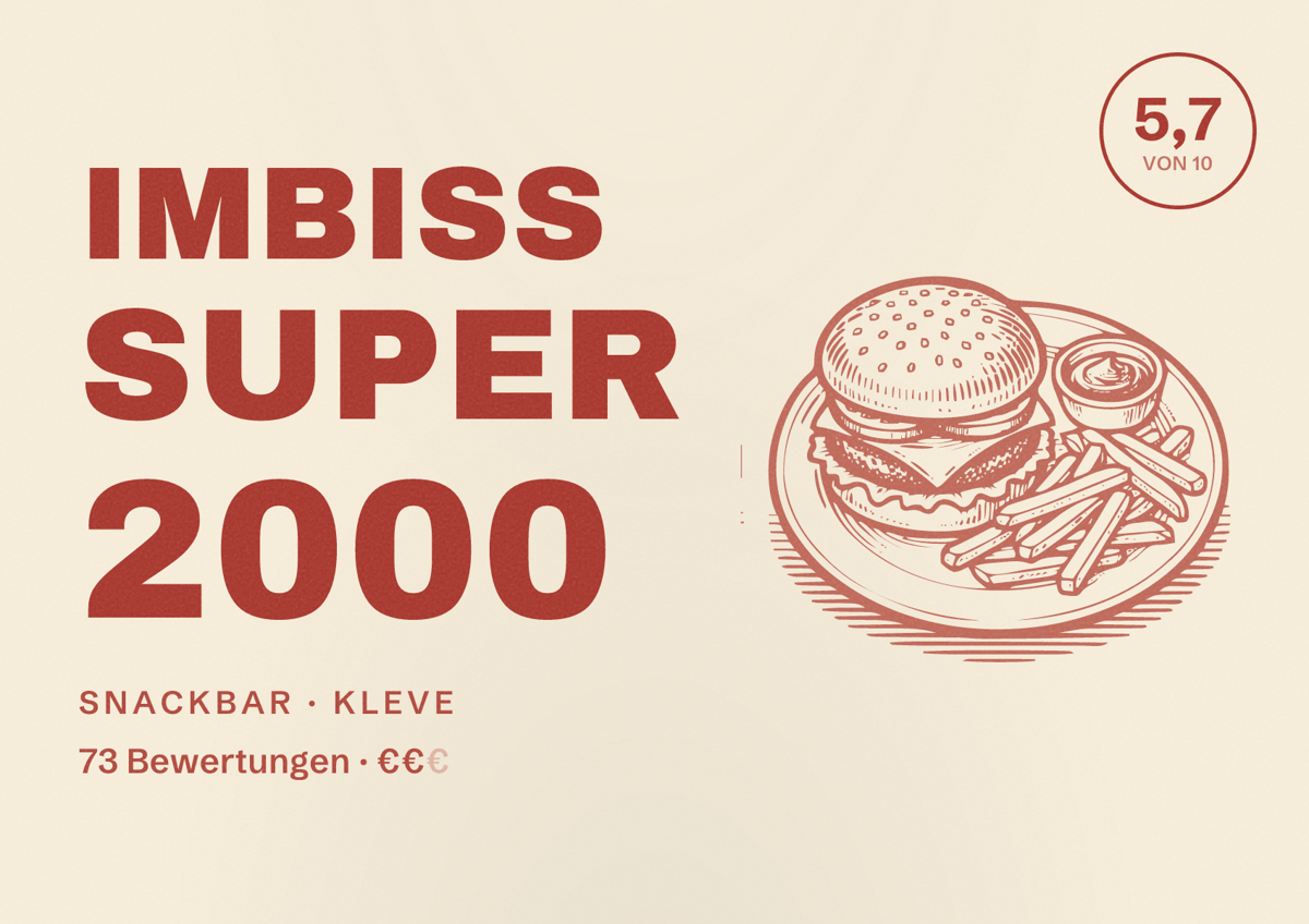Illustriertes Poster von Imbiss Super 2000, Snackbar in Kleve: Bewertung 5,7 von 10 aus 73 Bewertungen, Preisniveau €€