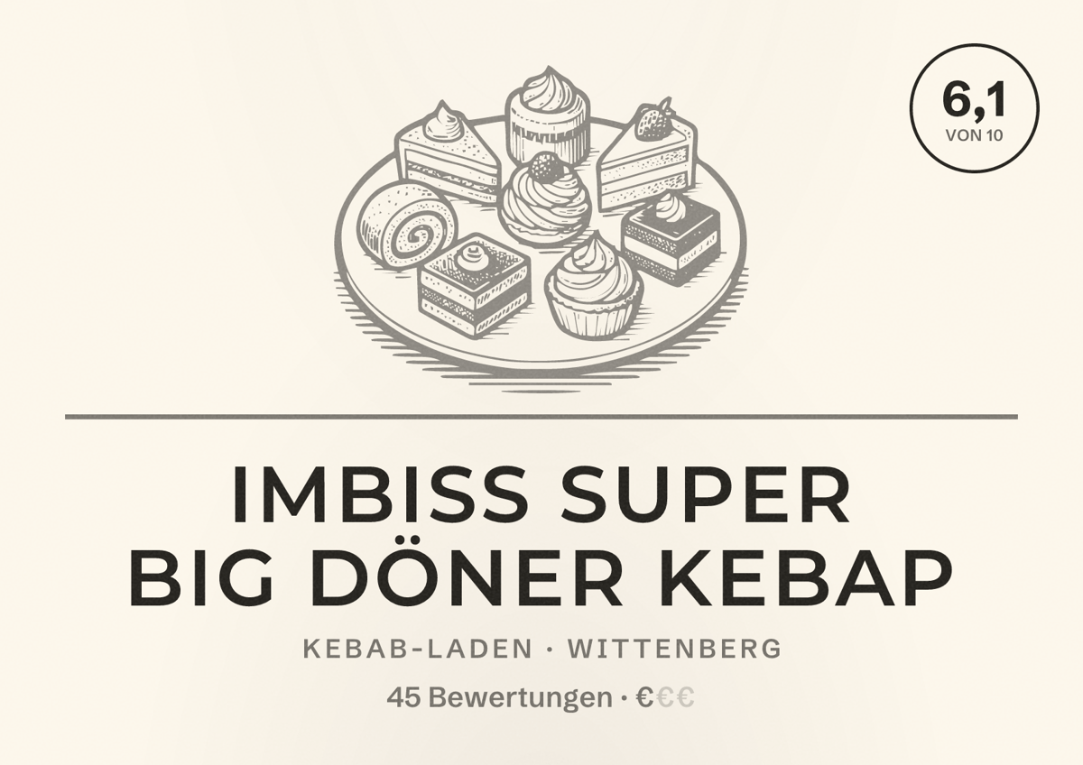 Illustriertes Poster von Imbiss Super Big Döner Kebap, Kebab-Laden in Wittenberg: Bewertung 6,1 von 10 aus 45 Bewertungen, Preisniveau €
