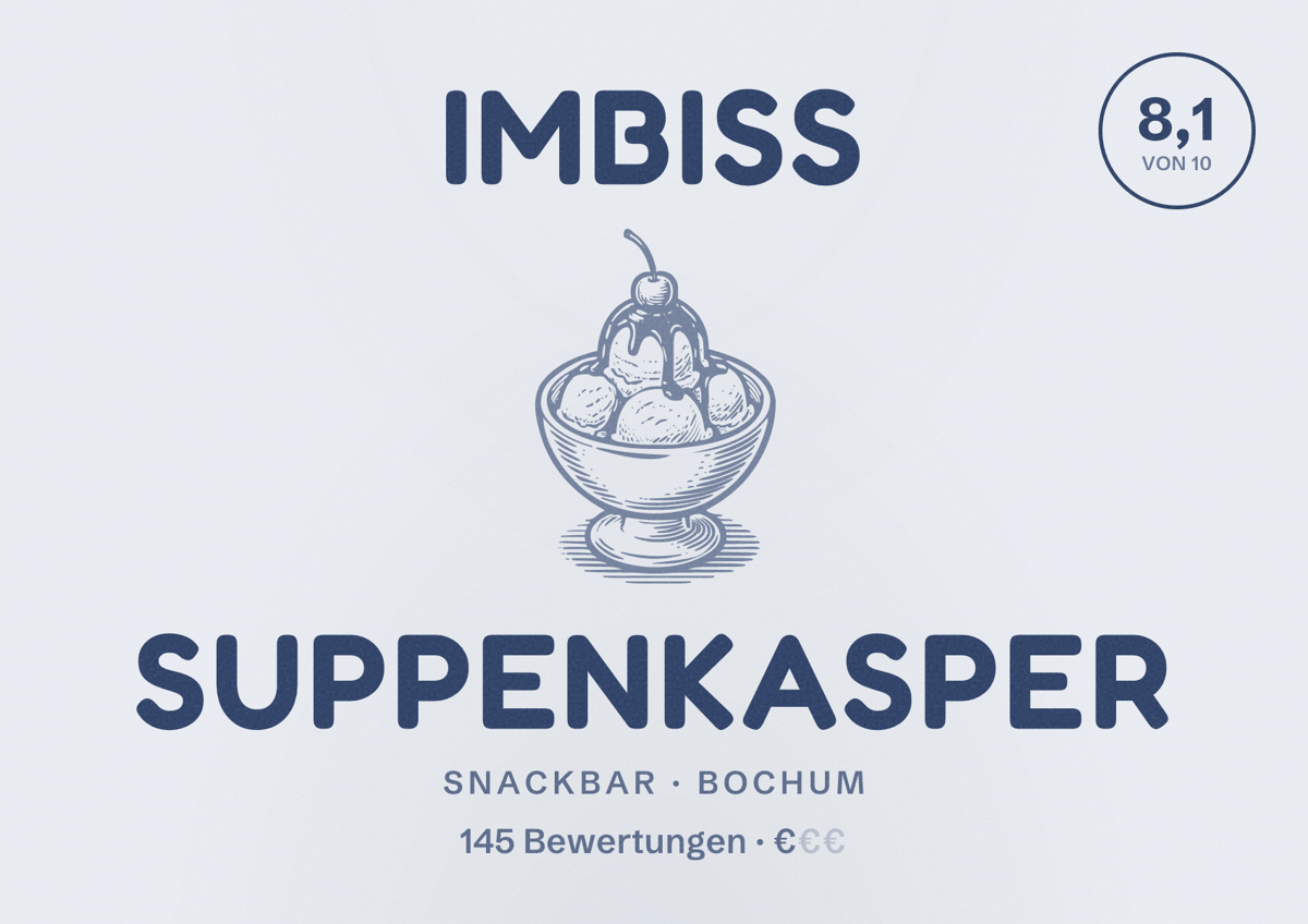 Illustriertes Poster von Imbiss Suppenkasper, Snackbar in Bochum: Bewertung 8,1 von 10 aus 145 Bewertungen, Preisniveau €
