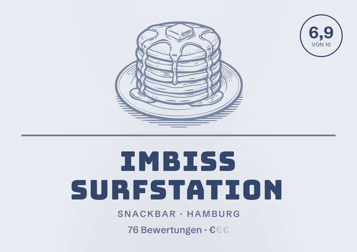 Illustriertes Poster von Imbiss Surfstation, Snackbar in Hamburg: Bewertung 6,9 von 10 aus 76 Bewertungen, Preisniveau €