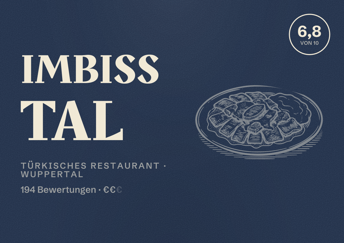 Illustriertes Poster von Imbiss Tal, Türkisches Restaurant in Wuppertal: Bewertung 6,8 von 10 aus 194 Bewertungen, Preisniveau €€